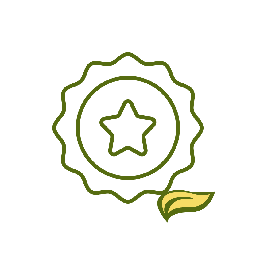 A green outline of a badge with a star in the center and a leaf at the bottom, set against a black background.