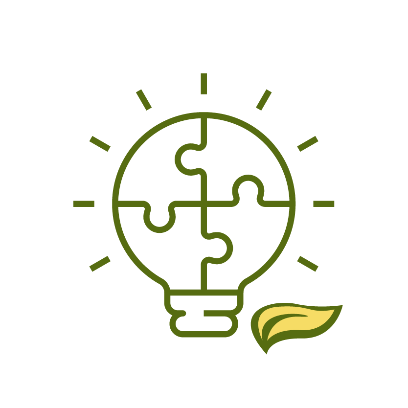 A green outline of a puzzle light bulb with a leaf symbol, set on a black background, representing eco-friendly innovation.