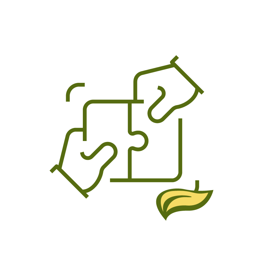 Two hands fitting puzzle pieces together with a green leaf, symbolizing teamwork and eco-friendliness on a black background.