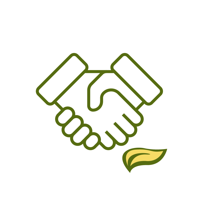 Green outline of a handshake above a yellow leaf, symbolizing eco-friendly cooperation or sustainable partnership on a black background.