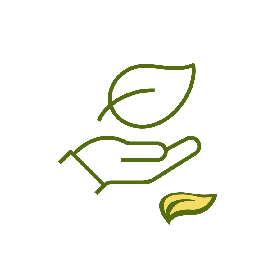 A minimalistic design features an outline of a hand holding a leaf and an additional small leaf, set against a black background.