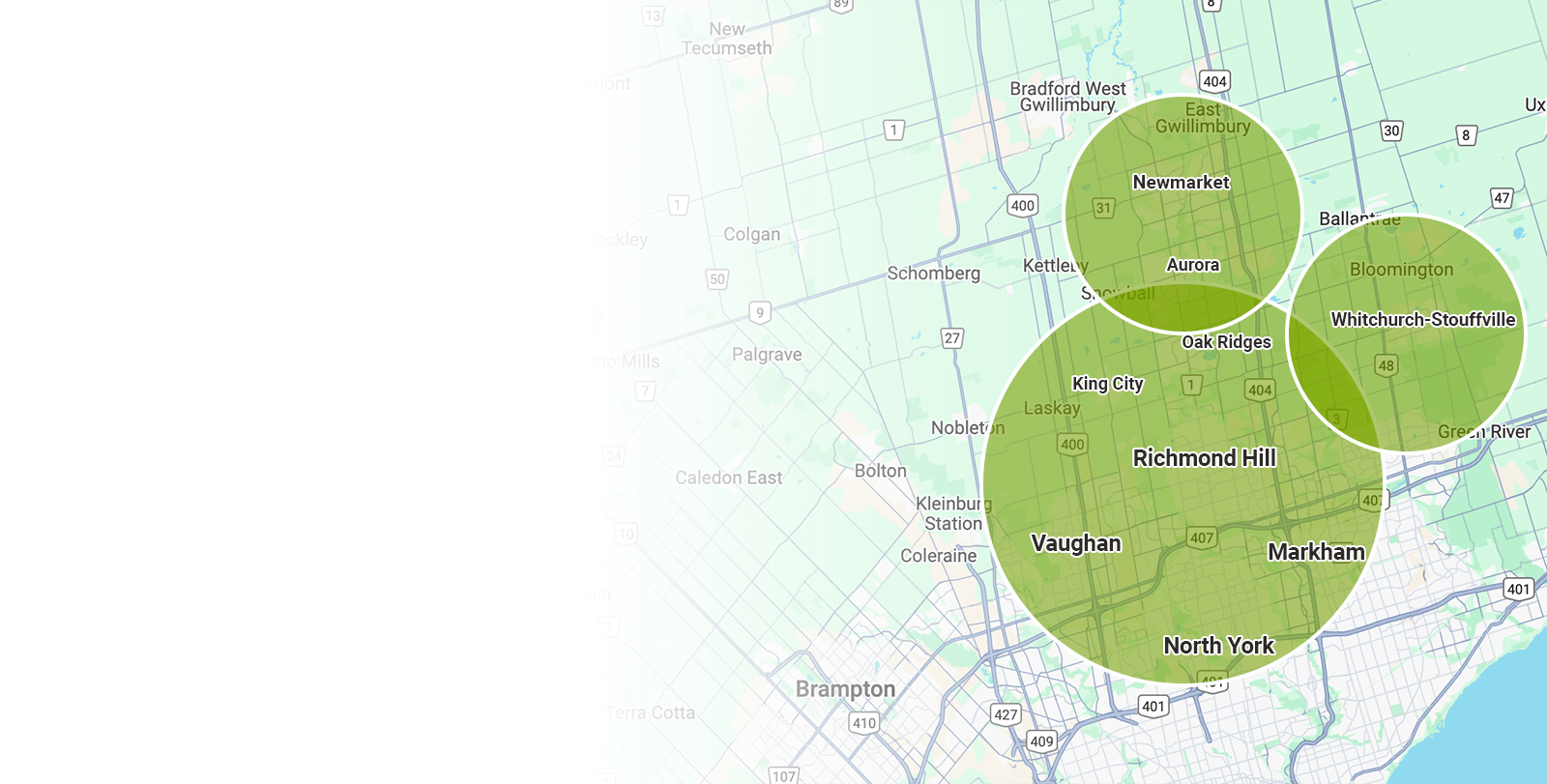 Map of Toronto region showing areas like Richmond Hill, Vaughan, and Markham. Highlighted circles indicate specific regions, with roads and neighborhoods marked.