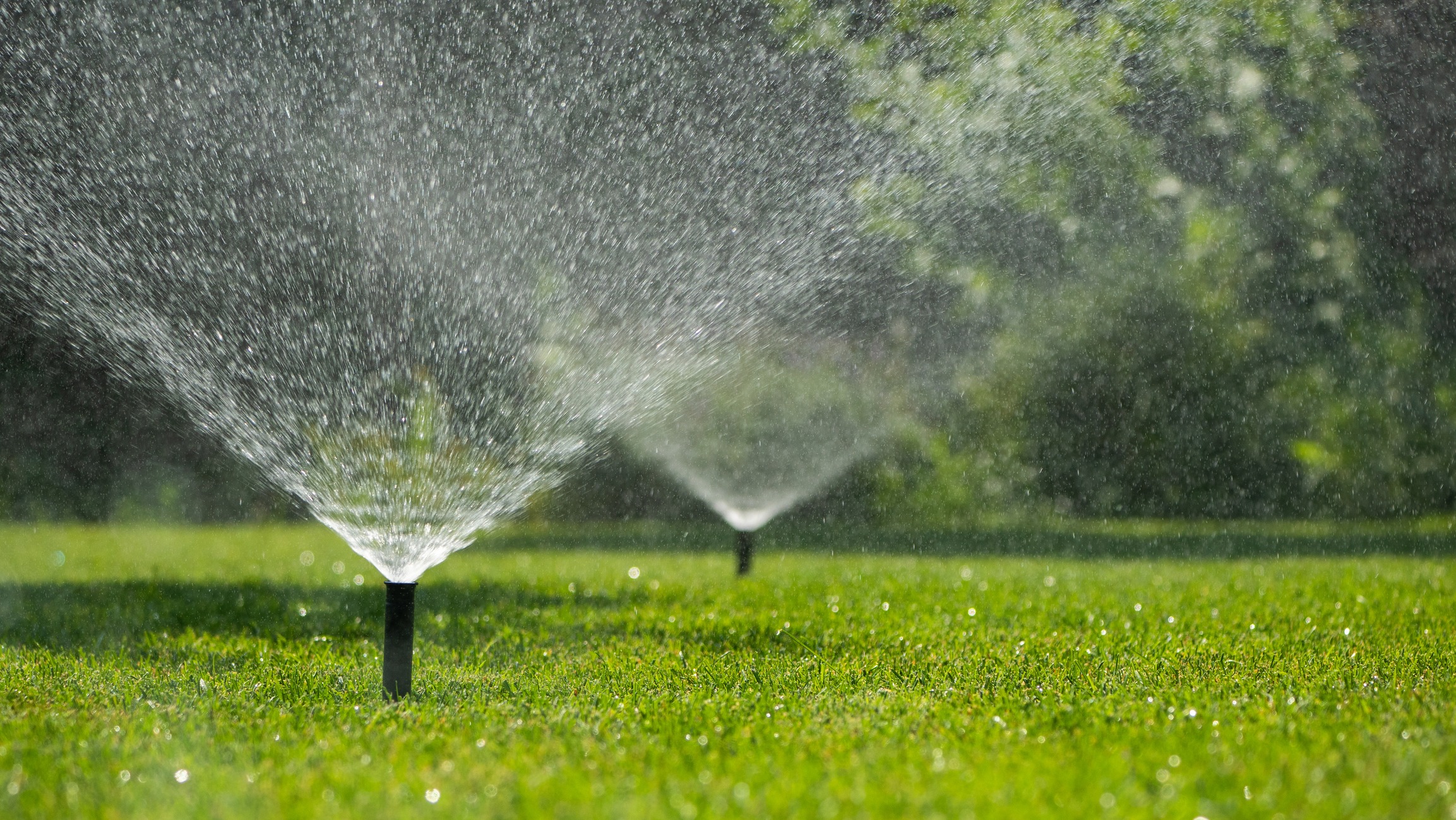 Water sprinklers in a vibrant green lawn spraying water, creating mist in sunlight. No people, landmarks, or historical buildings present.