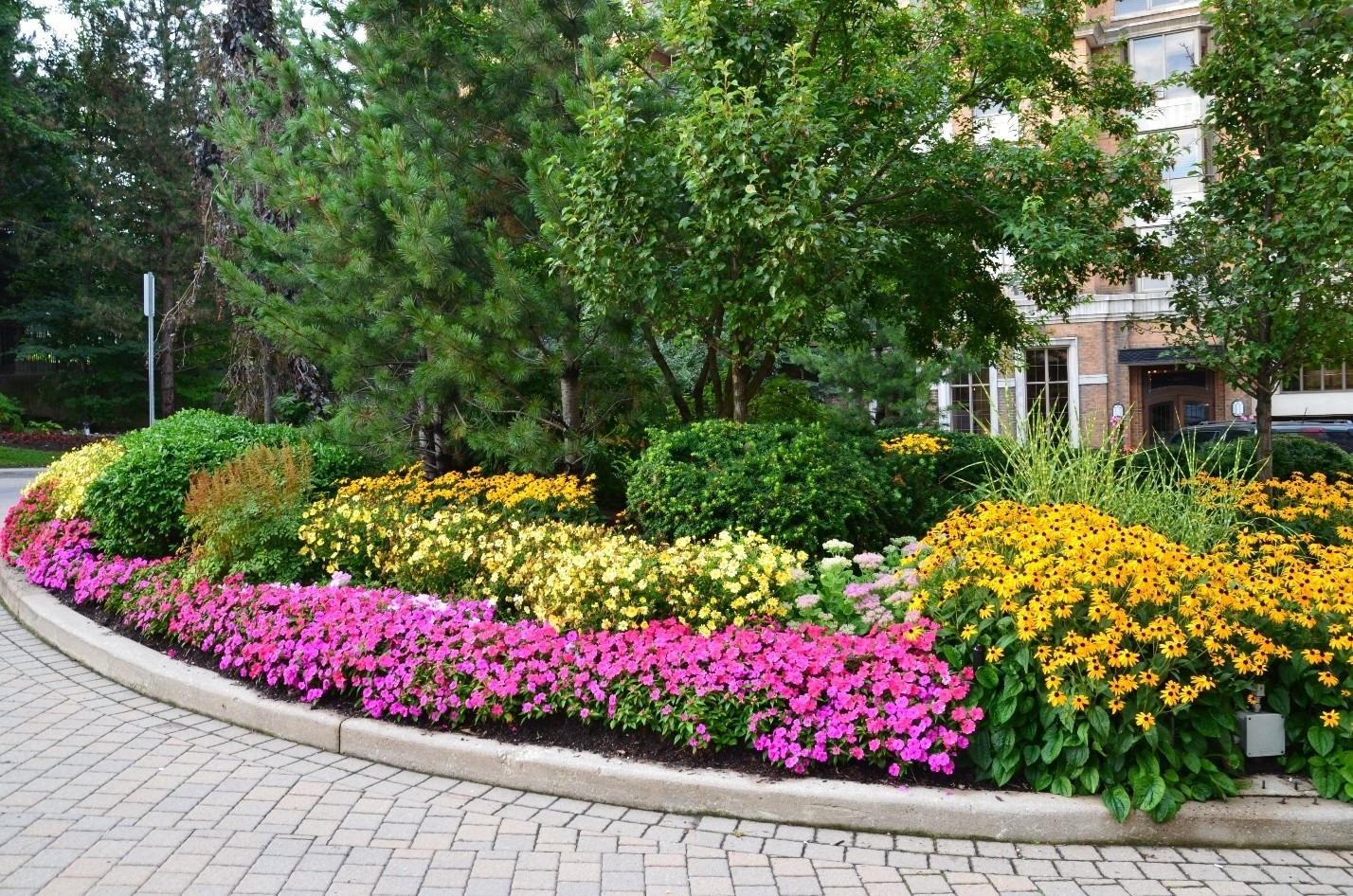 A vibrant garden bed with pink, yellow, and orange flowers lines a curved path. Trees and a building are visible in the background.